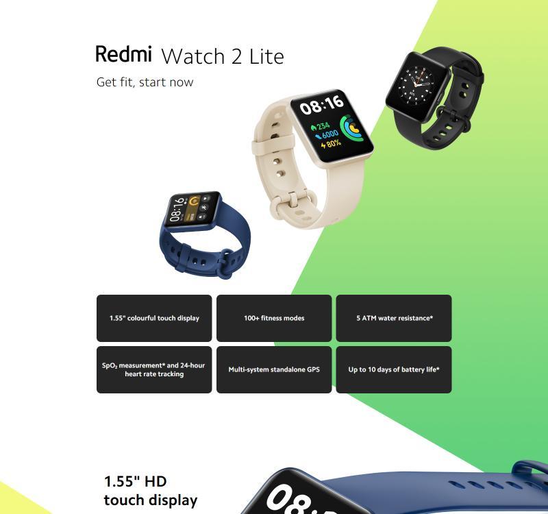 Xiaomi Redmi Watch 2 Lite, 1.55 Colorful Touch Display, 100+ Fitness  Modes, 5 ATM Water Resistance, SPO2 Measurement, 24-Hour Heart Rate  Tracking, Multi-System Standalone GPS, Black : Electronics 